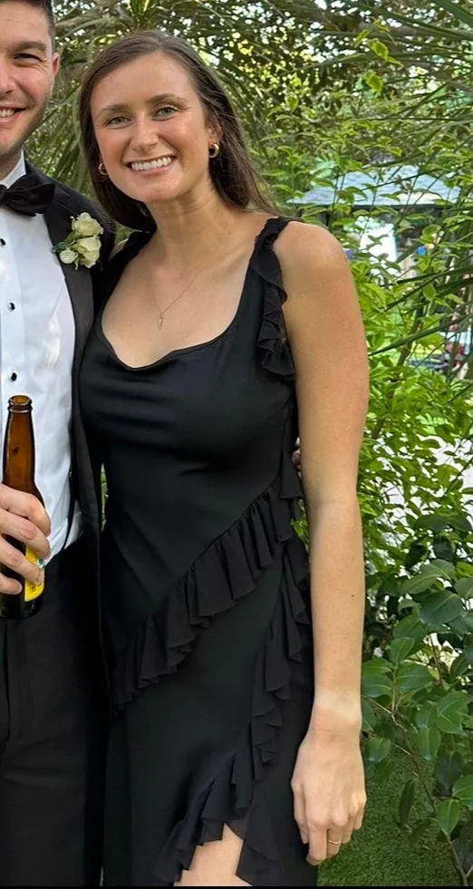 Black Maxi Slit Dress With Mesh Frills - Image 3