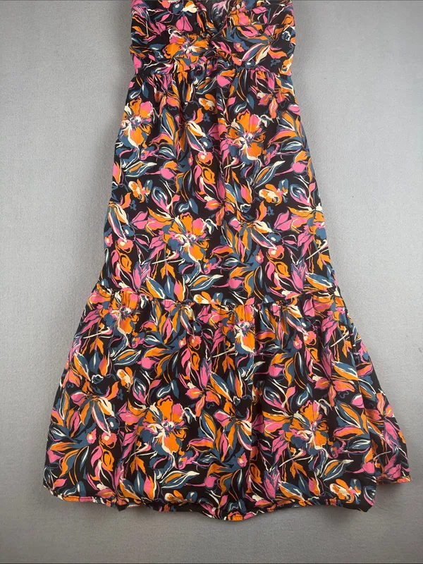 French Connection Floral Midi Dress in Black with Pink & Orange Print Size: XS - Image 4