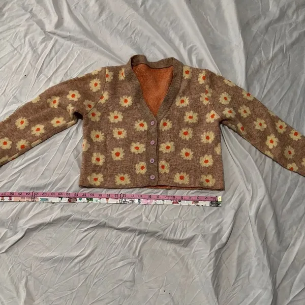 Floral Knit C ardigan - Pink Flower Buttons - Size One Size - Image 3