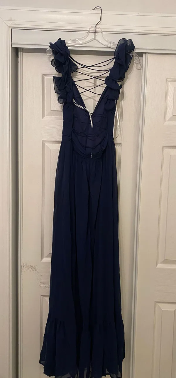 Lulus Soiree Celebration Navy Blue Ruffled Lace-Up Maxi Dress - Image 4
