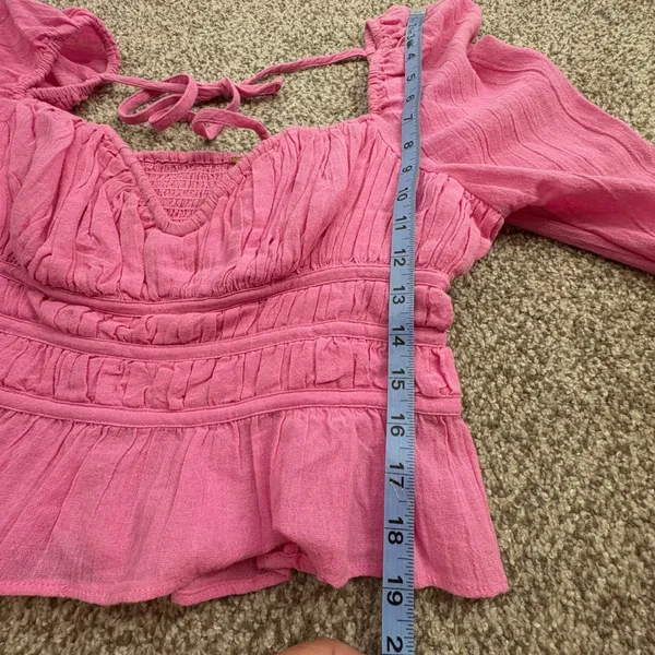Free People Blouse Women M Pink Smocked Puff Sleeve Boho Top Festival Barbiecore - Image 12
