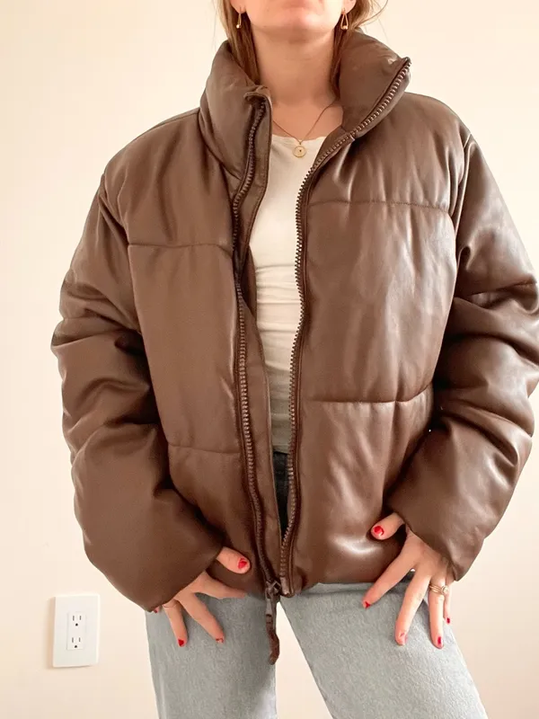 Old Navy Chocolate Brown Faux Leather Puffer Jacket - Image 4
