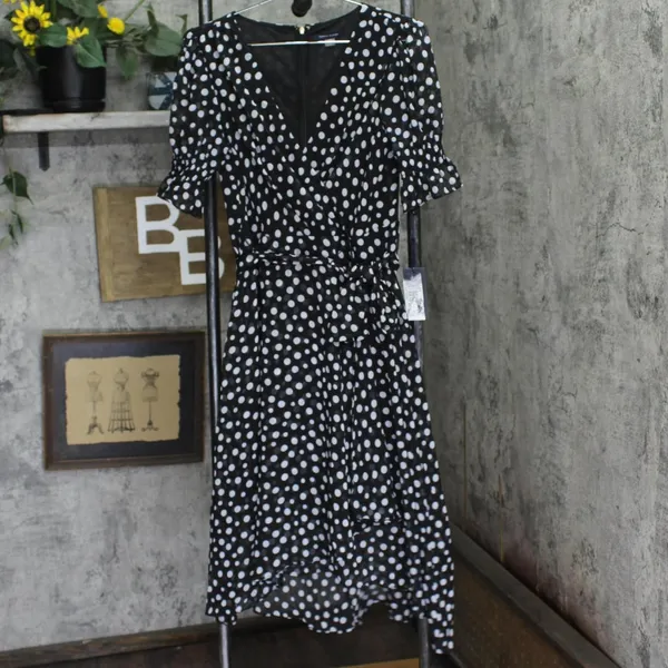 NWT Tommy Hilfiger Womens Tie Front Chiffon Polka-Dot Midi Dress Black / Cream 6 - Image 3