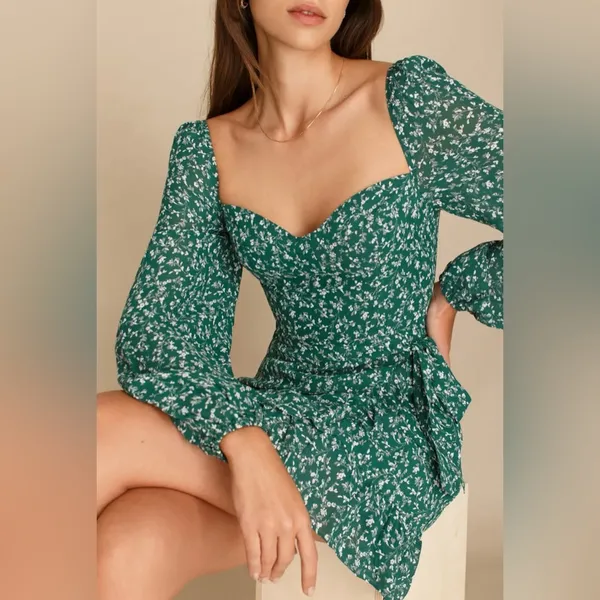 Reformation Camii Long Sleeve Chiffon Minidress‎ in Green Floral Parsley Size 0 - Image 2