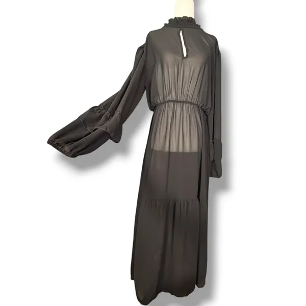 Black Sheer Maxi Dress Ruffle High Neck Tiered Long Sleeve Goth Victorian Witchy - Image 2