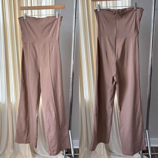 PrettyLittleThing Strapless Jumpsuit Sz 6 Tan Wide Leg Pintuck Office Workwear - Image 2