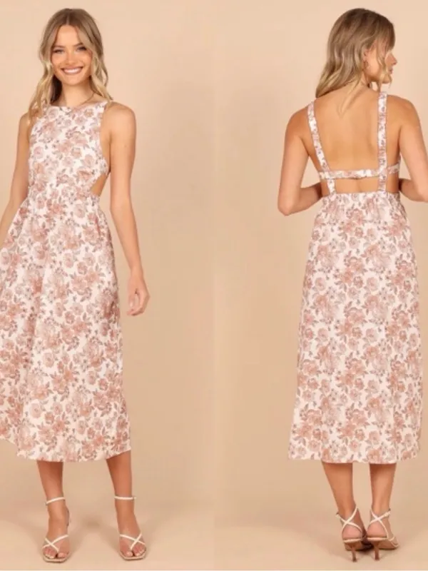 Petal & Pup Tan Floral Printed Aubrey Cutout Open Back Midi Dress Size 2 - Image 2
