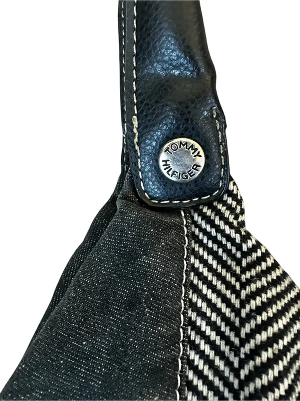 Vintage Tommy Hilfiger Black Denim Herringbone Shoulder Bag Y2K Preppy Boho - Image 3