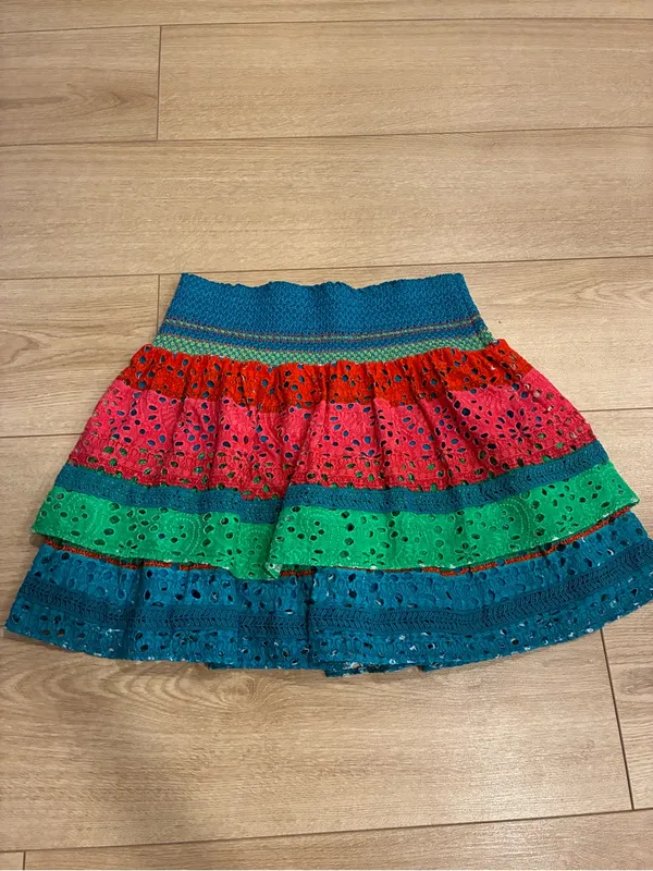 Alice + Olivia Women’s Bethie Smocked stirred Mini Skirt Blue Green Pink Size 10 - Image 7
