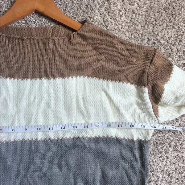 🦋 Striped Tan White Gray Black Sweater Gold Metallic Stitching Fall Casual - Image 4