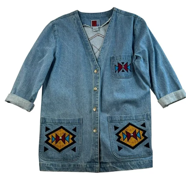 Vintage S Small Denim Jacket‎ Southwest Boho Aztec Embroidered Oversized USA - Image 2
