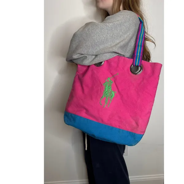 1980s–90s Ralph Lauren Polo Canvas Tote Bag Pink Blue Big Pony Cotton Carryall - Image 9