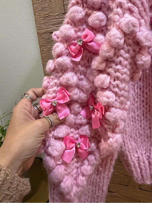 DollsKill Sugar Thrillz Pink Cardigan with Bow Rhinestone Details Size XS - Image 2