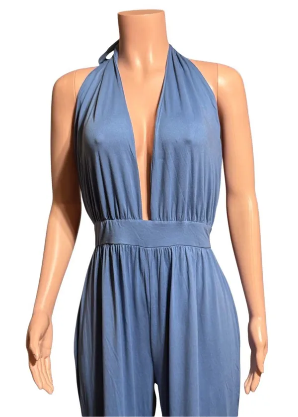 Shein blue plunge halter neck wide leg jumpsuit XL - Image 5