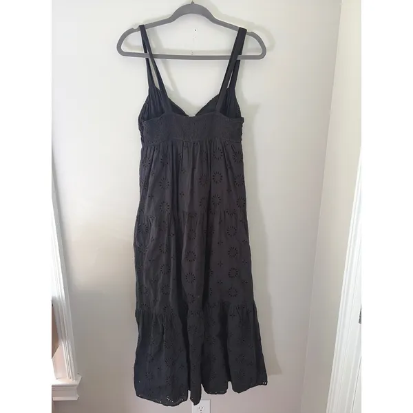 Zara Black Cotton Eyelet Embroidery Tiered Midi Dress Small Smocked Back Strappy - Image 10