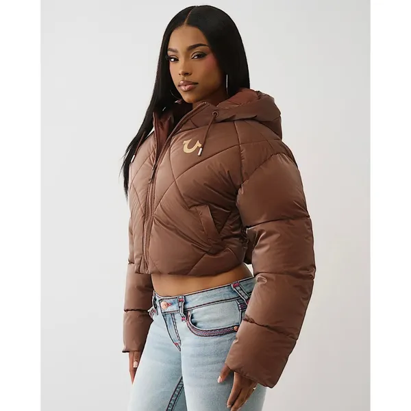 NWT!! TRUE RELIGION High-Shine Metallic Hooded Puffer Jacket Bronze Large - Image 5