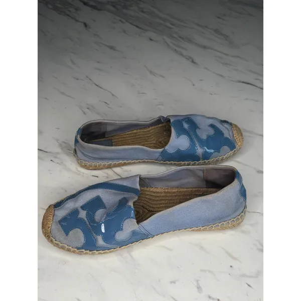 Tory Burch Women Blue Canvas Patent Leather Logo Espadrille Flats Size‎ 10 - Image 6