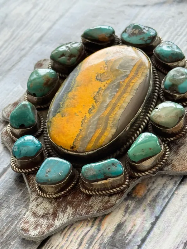 Handcrafted Pendant only - Bumblebee Jasper with Turquoise Large Size at 4” x 3” - Image 5