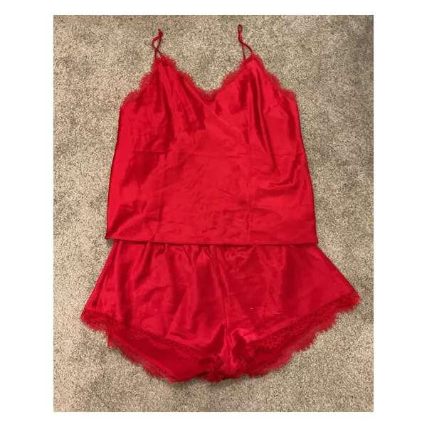 Victoria’s Secret Lace Back Satin Cami Shorts Pajama Set Red Large NWT - Image 2