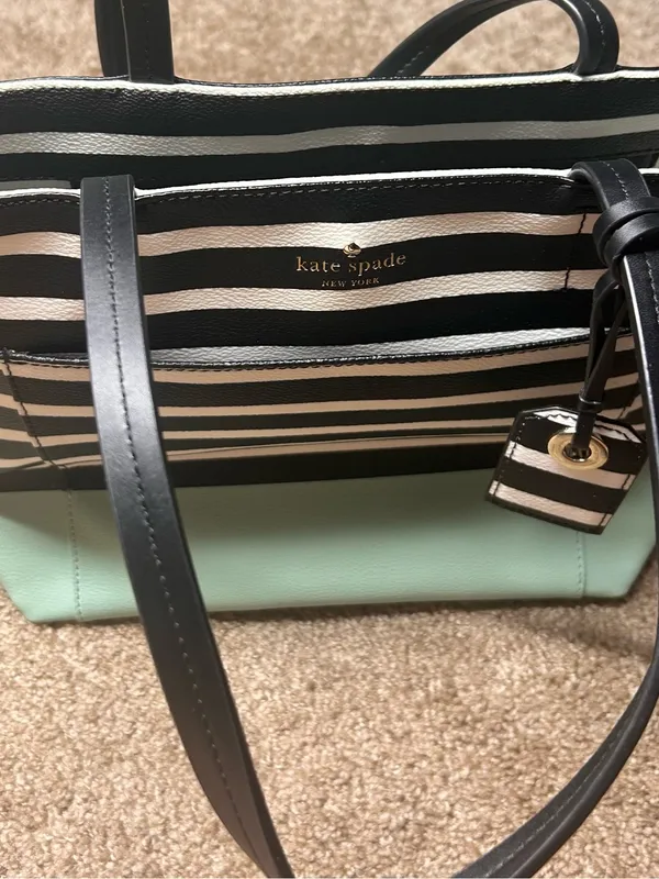 kate spade New York Black & Cream Striped Tote with Mint Base - Image 7