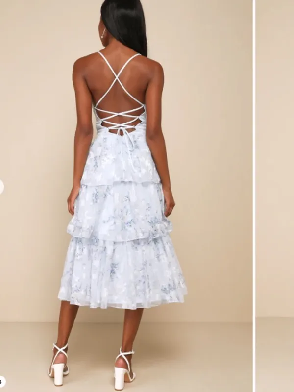 LULU's Floral Sexy Flowy Prom Wedding Chic Tiered Ruffles Corset Back Midi - Image 3