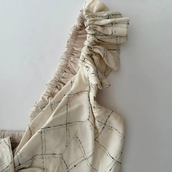 Anthropologie Raissa Tie Front Crop Top Small Cream Linen Check Ruffle Hem Boho - Image 4