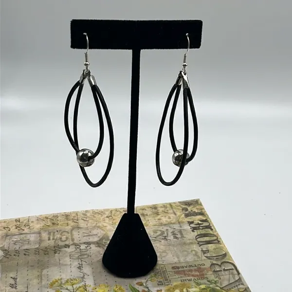 Double Leather Corded Dangling Earrings w/ Silver-Tone Bead Choice of Closure - Image 2