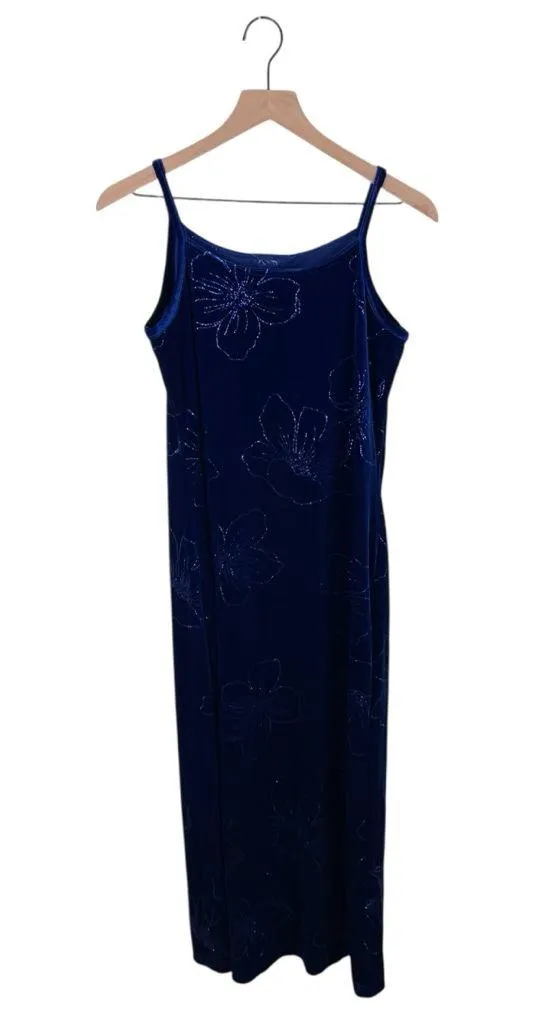 Vintage 90s Y2K Blue Velvet Flower Maxi Slip Dress Whimsigoth Fairycore Medium - Image 11