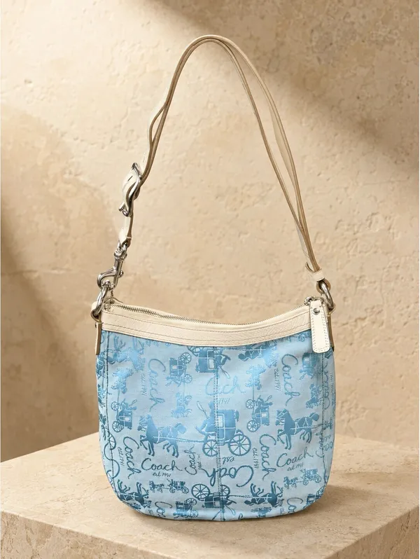 Coach Signature Canvas Bucket Shoulder Bag Blue Cream Adjustable Strap - Image 5