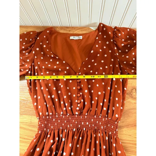 Madewell Smocked-Waist Mini Dress Polka Dots Burnt‎ Clay Puff Sleeve XS - Image 5