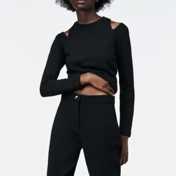 ZARA Black Cold Shoulder Cutout Crop Sweater Top Size M Goth Chic Classy - Image 4