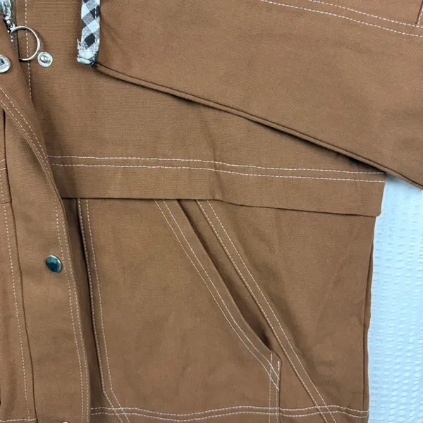 Brown Canvas Utility Jacket Gingham Trim Contrast Stitch Workwear Small - Image 5