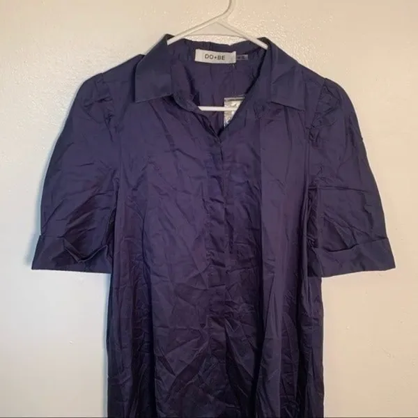 DO + BE Women's Size XS Short Puff Sleeve Shirt Dress Midi Button Down Navy Blue - Image 3