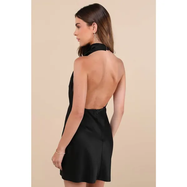 NWT Lulus Gorgeous Endeavor Black Satin Halter Mini Slip Dress Backless Party M - Image 3