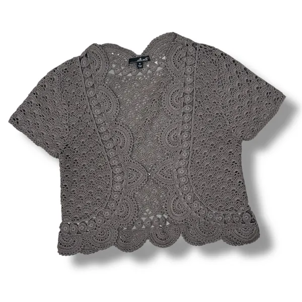 Willi Smith‎ Boho Cottage Crochet Cardigan Shrug Sweater Taupe Medium - Image 11