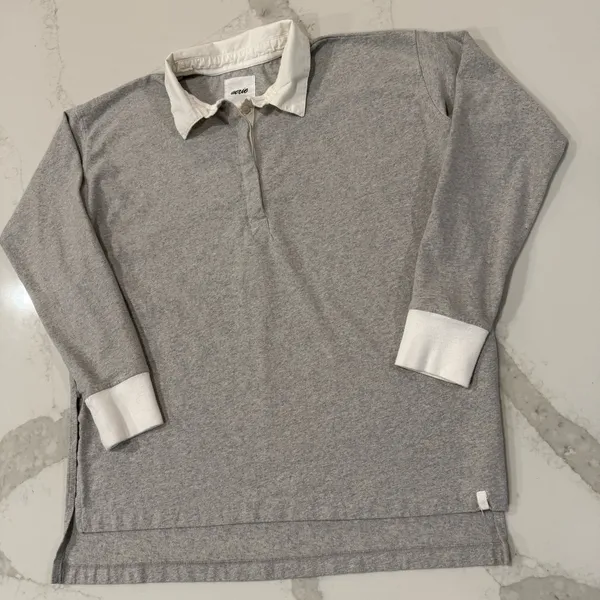 Aerie Cotton Prep Rugby Oversized Polo Long Sleeve Shirt Women’s XS Gray/White - Image 2