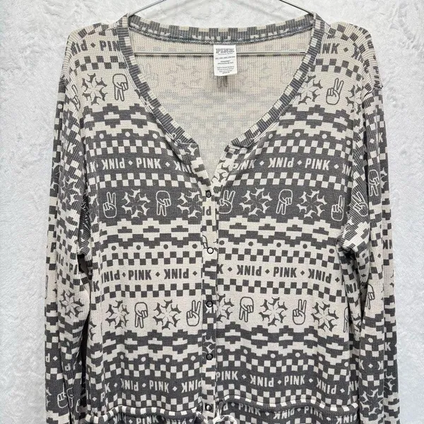 PINK Victoria’s Secret Onesie All Over Graffiti Logo Print Waffle Texture Pjs - Image 2