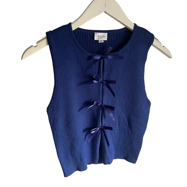 Lelis Collection Cobalt Blue Sleeveless Coquette Bow Ribbed Tank Top size Medium - Image 2