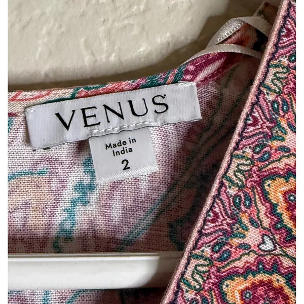 Venus 2 Romper Pink Paisley Long Sleeve V Neck Tie Waist Boho Shorts Linen Blend - Image 3