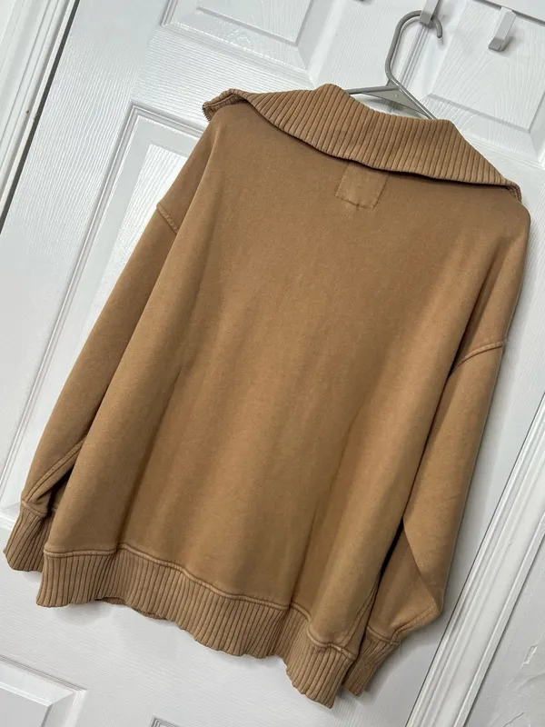 Aerie Camel Quarter Zip Pullover Sweatshirt Cozy Lounge Minimalist Athleisure M - Image 3