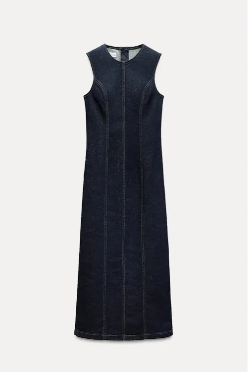 Zara Dark Blue Denim Z1975 Jean Midi Maxi Sleeveless Trendy Dress - Image 10