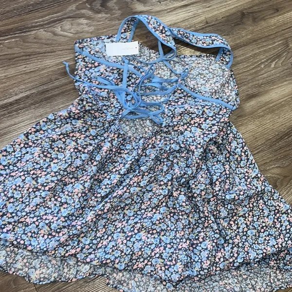 🦅 American Eagle Outfitters Floral Tie-Back Babydoll Mini Dress-Blue - Image 5