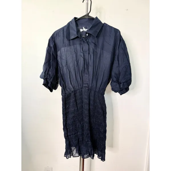 FRAME Smocked Ramie Mini Dress Navy Blue Puff Sleeve - Image 3