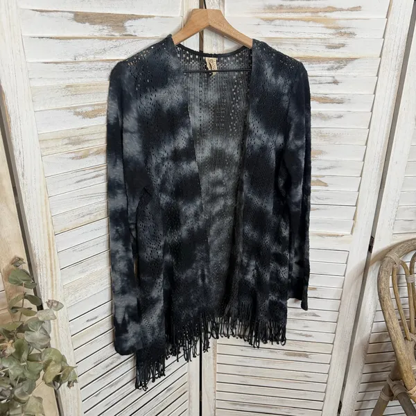 XCVI Women's L Cotton Fringe Open Crochet Knit Cardigan Sweater Bleached Tie Dye - Image 7