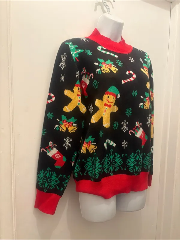 New Christmas Festive Gingerbread Crewneck Sweater - Black/Red - Image 2