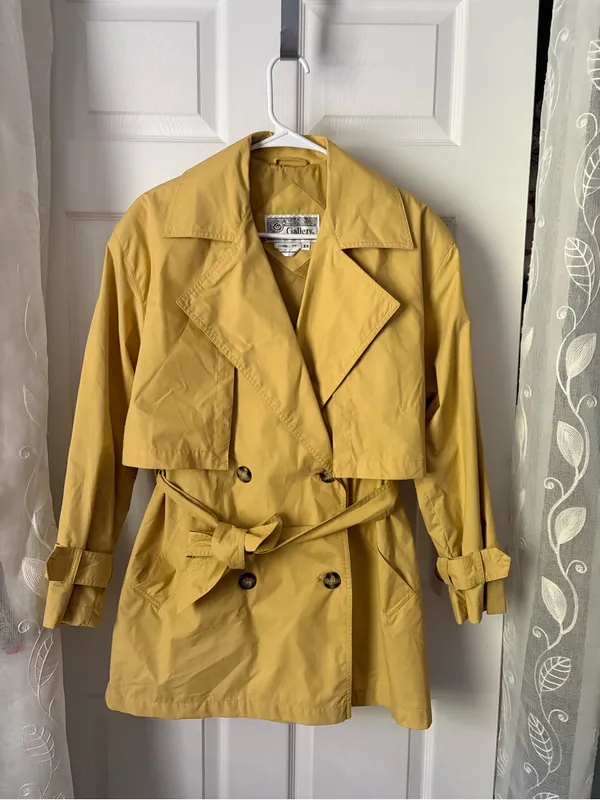 Gallery Mustard Double-Breasted cotton Trench Coat Belted tiny point stain sz XS - Image 3