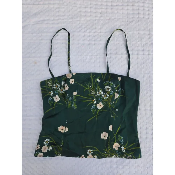 Reformation Overland Silk Floral Daisy Cami Top Green Smocked Back Size 0 - Image 3