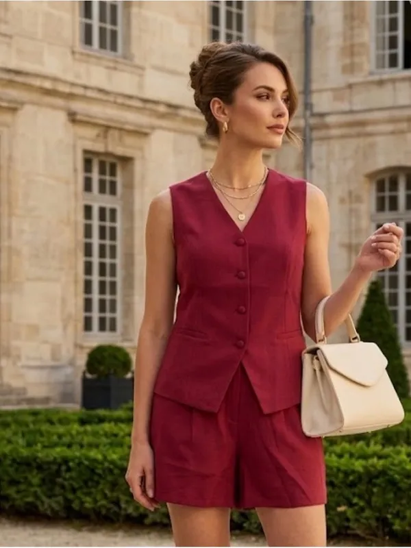 2 pieces short sets women crew neck button vest shorts burgundy M - Image 4