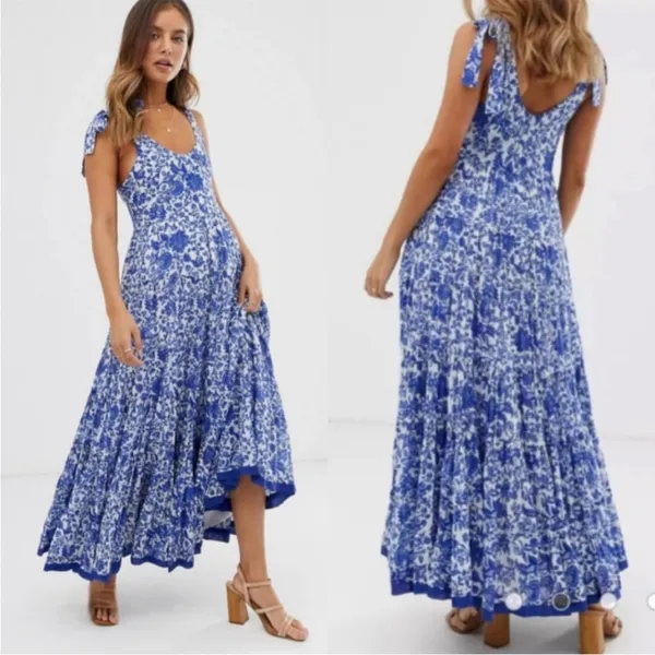 FREE PEOPLE Kikas Blue And White Floral Tie Shoulder Maxi Dress Size Medium - Image 2