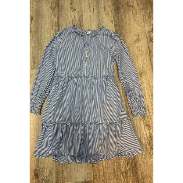 J. Crew Women's Size 12‎ Blue Striped Tiered Ruffle Long Sleeve Dress - Image 5